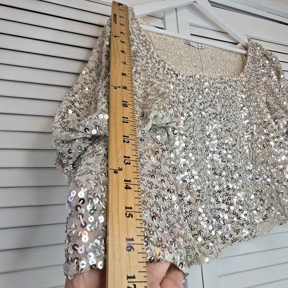 ZARA Puff Sleeve Tulle Sequin Crop Top Pearly Women's Sz Large Holiday Y2K Party - Picture 13 of 15